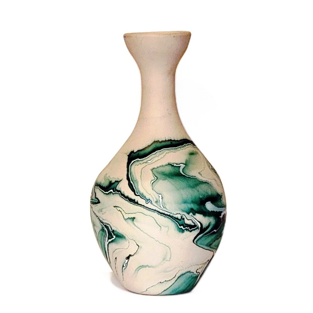 XL Mid Century Nemadji Ceramic Pottery Vase in Native Bisque Clay & Teal Green - Picture 2 of 7